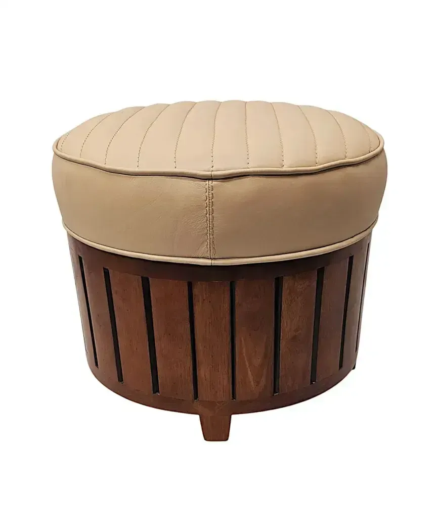 A Stunning Art Deco Style Cream Leather And Walnut Stool