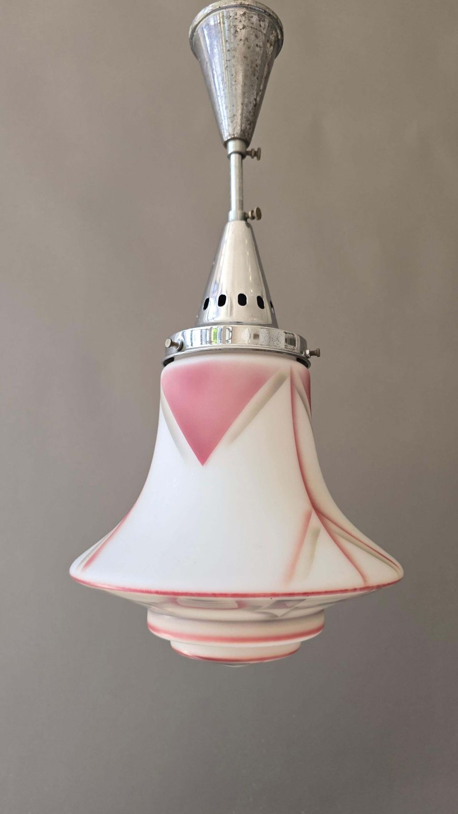 Art Deco Pink And White Frosted Glass Pendant Light, France, 1930s photo 1727.0