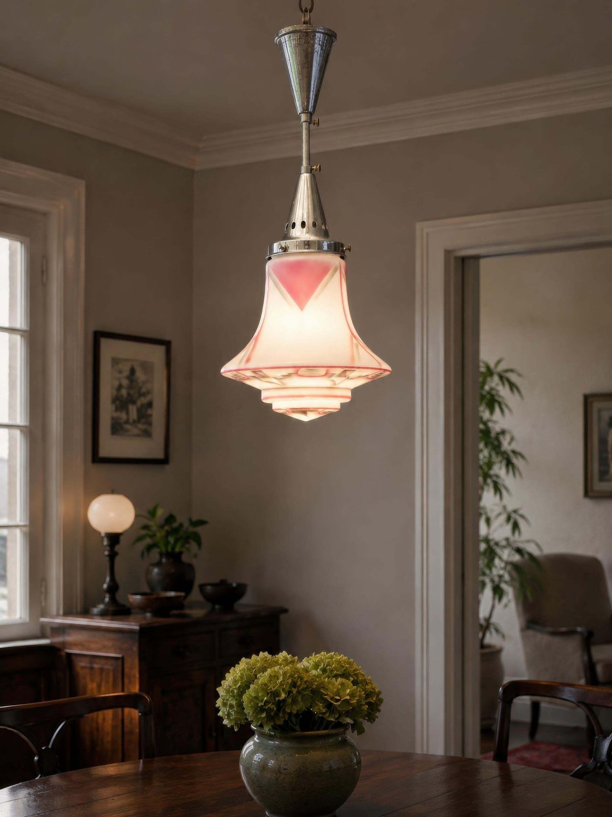 photo furniture Art Deco Pink And White Frosted Glass Pendant Light, France, 1930s