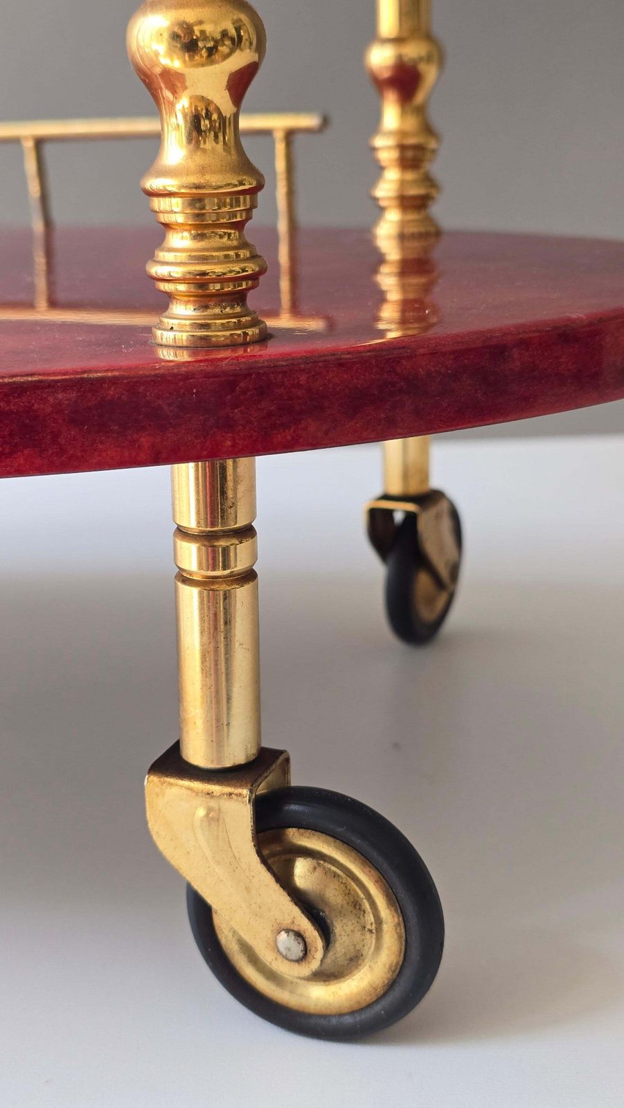 Furniture Attributed To Aldo Tura Red Goatskin And Brass Bar Cart, Italy, 1960s photo