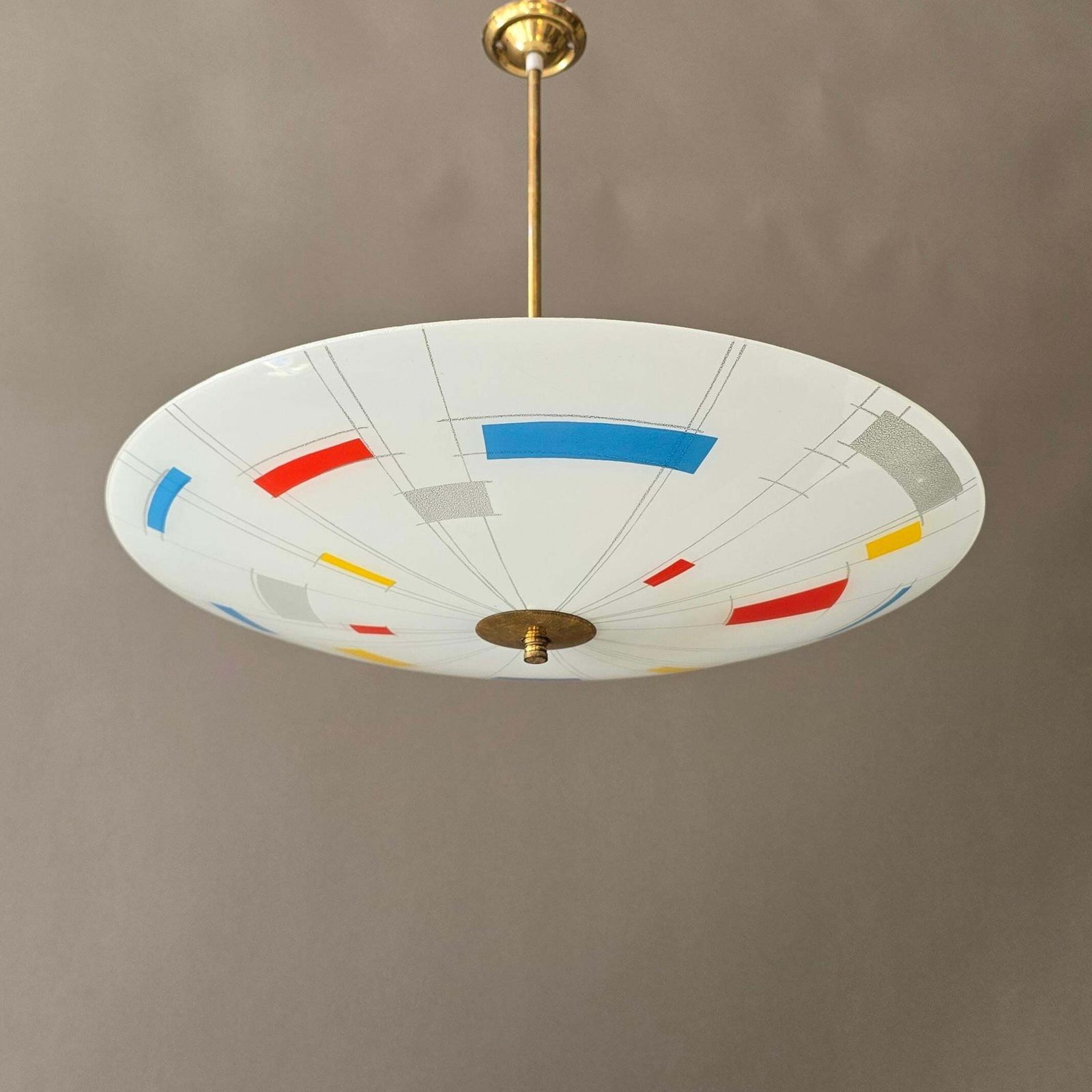 Large Mid Century Modern Italian Glass Pendant Or Flush Mount Light, Stilnovo St photo vinterior