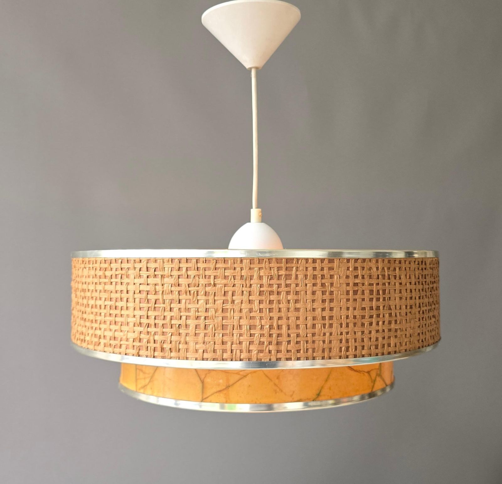 Italian Mid Century Woven Rattan And Marbled Paper Pendant Light, 1960s photo vinterior