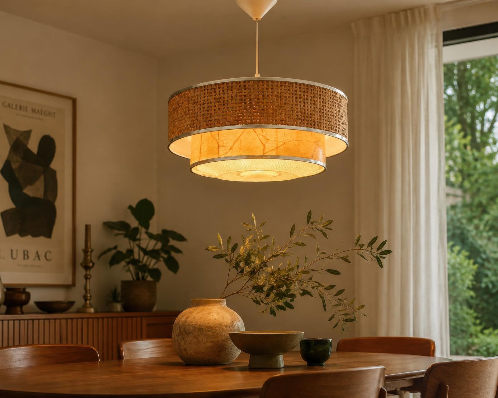 photo for sale Italian Mid Century Woven Rattan And Marbled Paper Pendant Light, 1960s