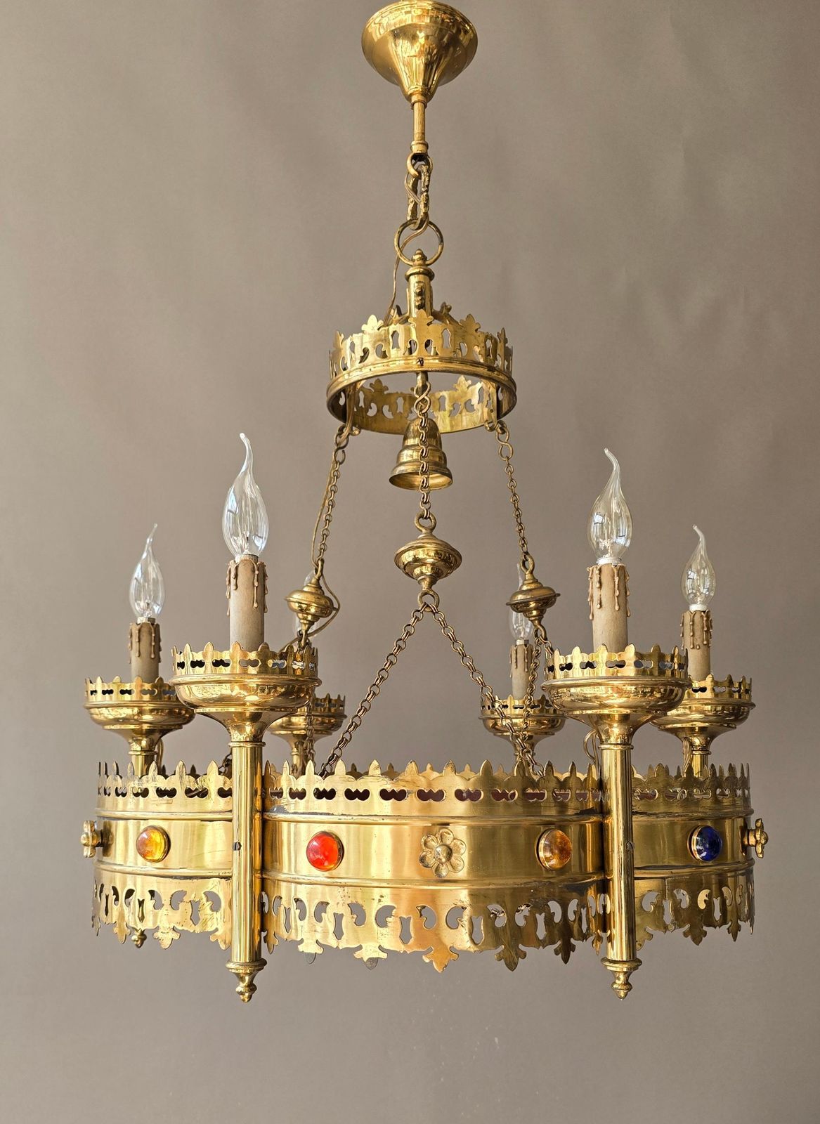 Large Gothic Revival Brass Crown Chandelier With Colored Glass Cabochons, Spain photo vinterior