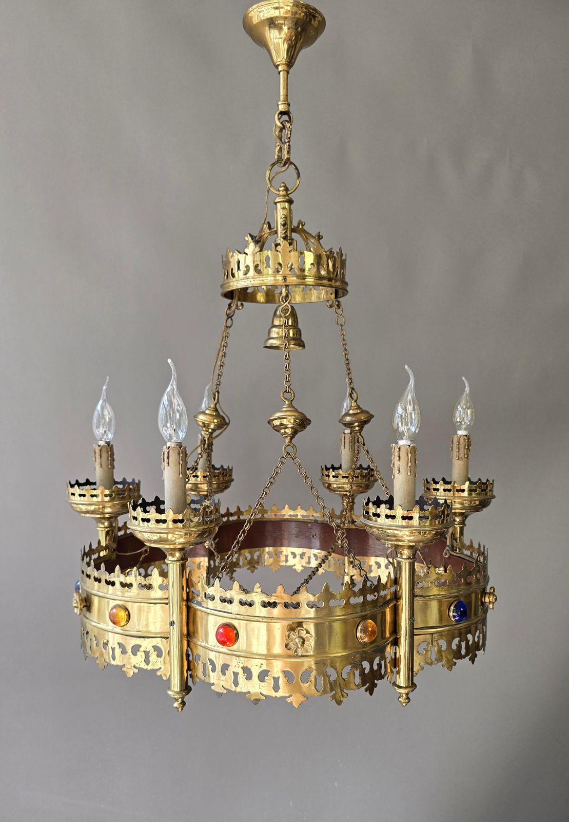Lighting Large Gothic Revival Brass Crown Chandelier With Colored Glass Cabochons, Spain photo
