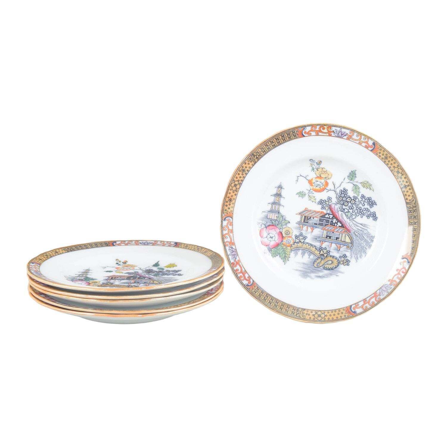 Rörstrand, Zweden. Zes Dinerborden In Faience. 'Japan' Serie. Begin 20e Eeuw.