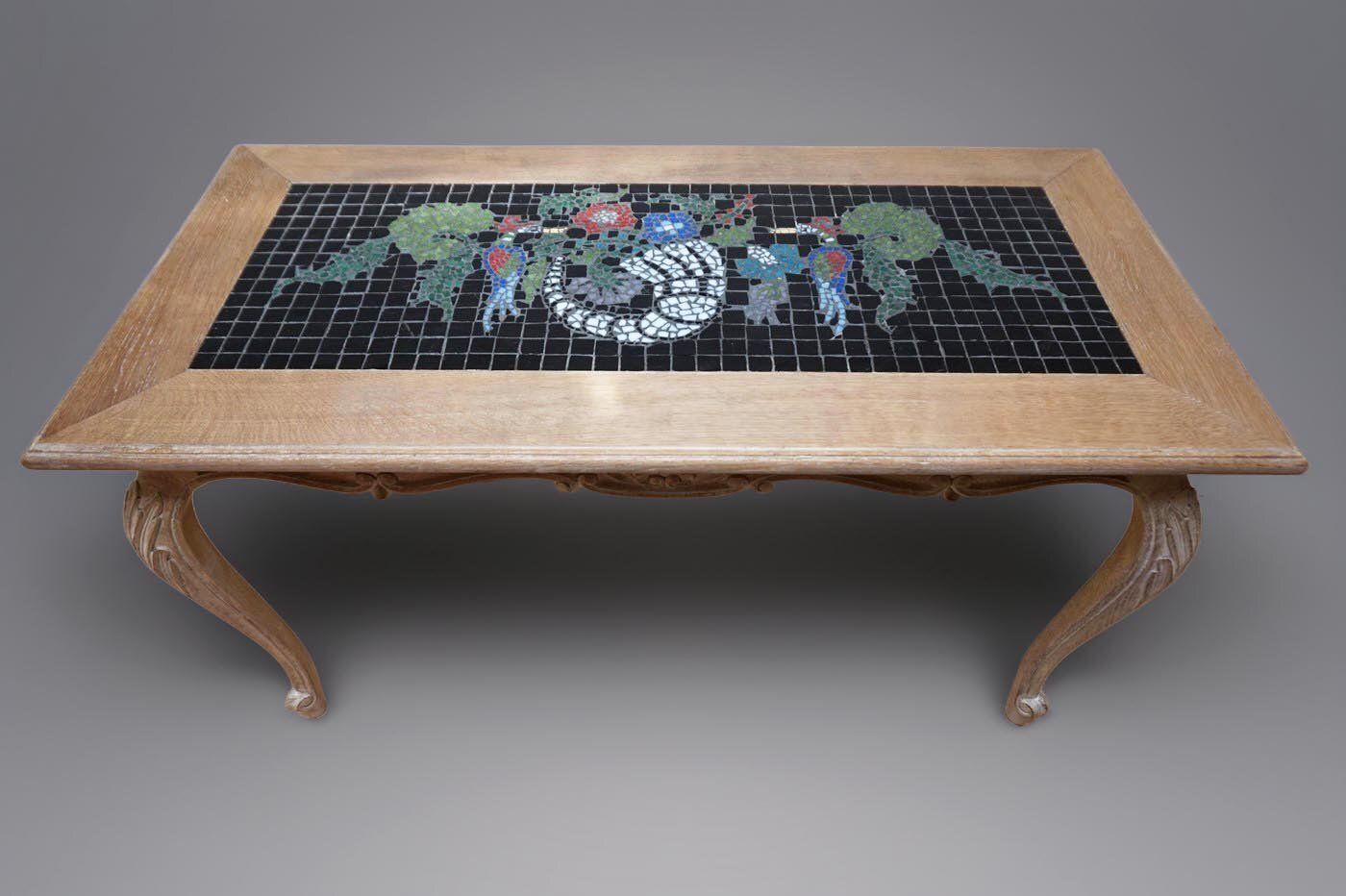 Vintage Coffee Table In Oak And Mosaic With Inlay Artwork, 1970s