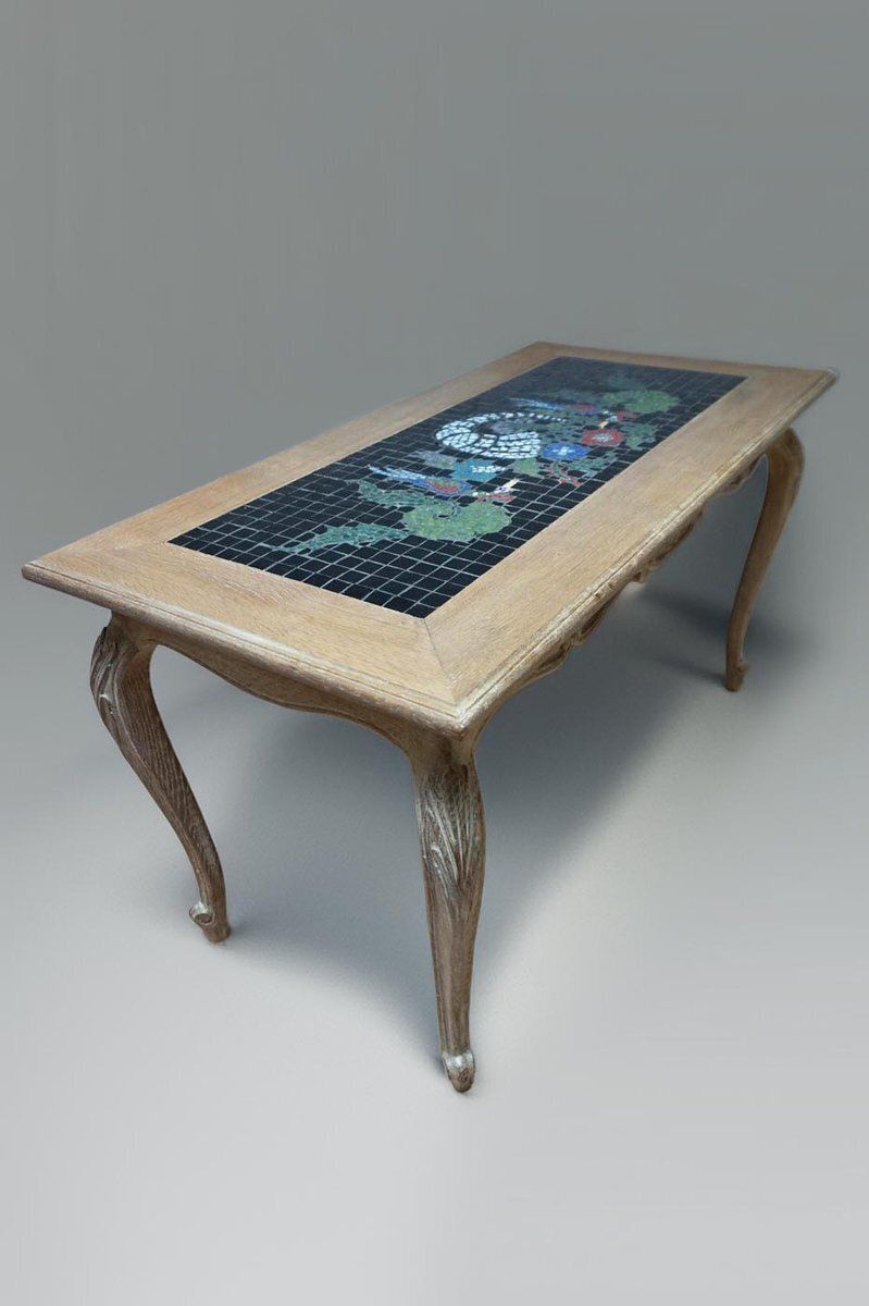 photo for sale Vintage Coffee Table In Oak And Mosaic With Inlay Artwork, 1970s