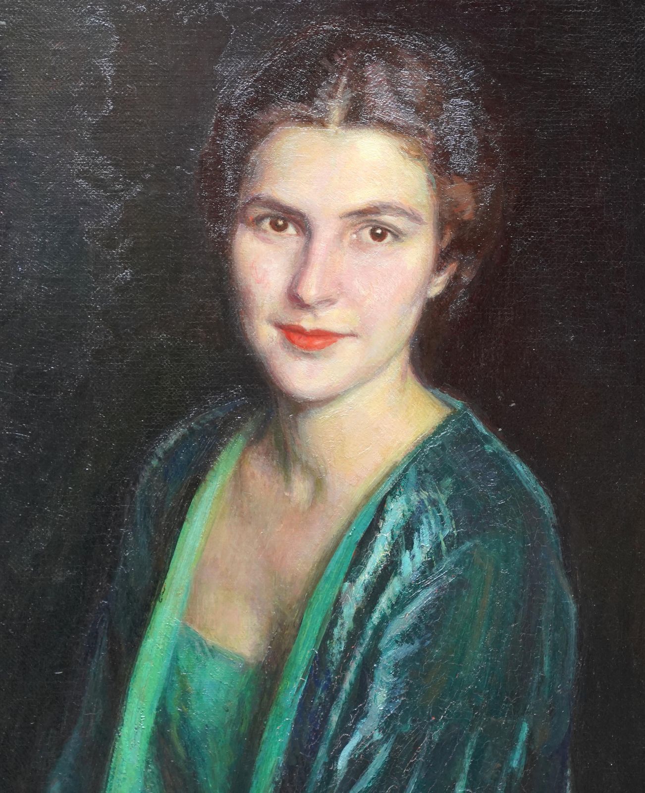 Art Deco Portrait Of Woman In Green Dress   Italian 1930's Art Oil Painting photo for sale