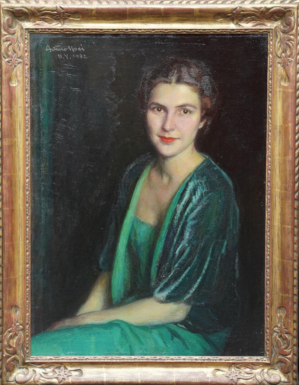 Art Art Deco Portrait Of Woman In Green Dress   Italian 1930's Art Oil Painting photo