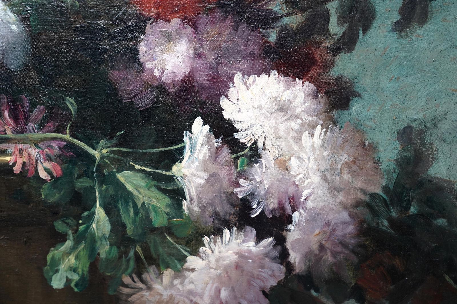 Art Chrysanthemums In Urn   French 19th Century Still Life Floral Art Oil Painting photo