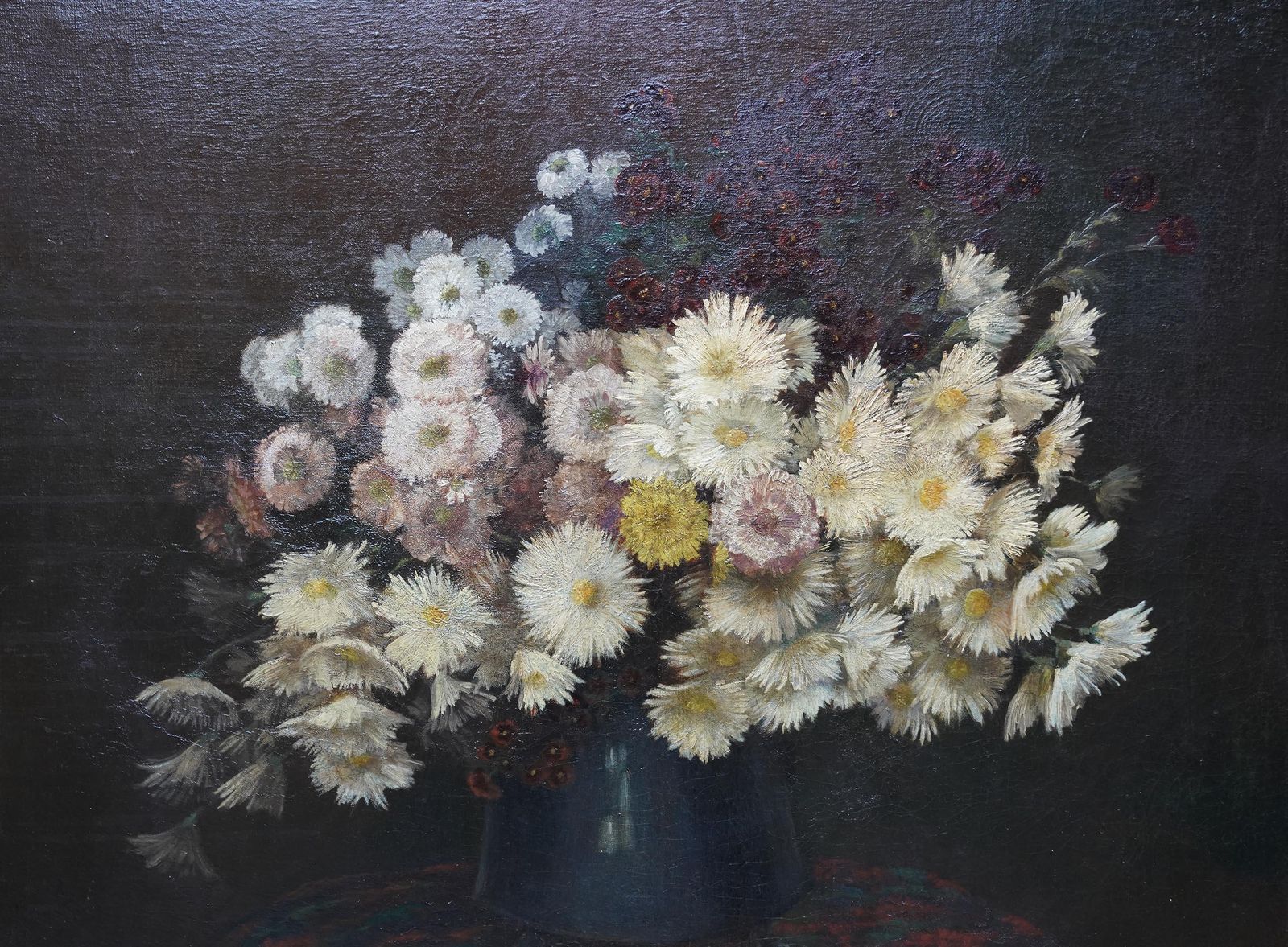 Yellow Chrysanthemums In Vase   French 19thc Floral Still Life Art Oil Painting photo Art