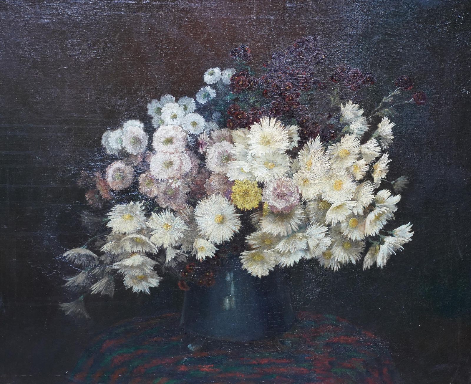 photo for sale Yellow Chrysanthemums In Vase   French 19thc Floral Still Life Art Oil Painting