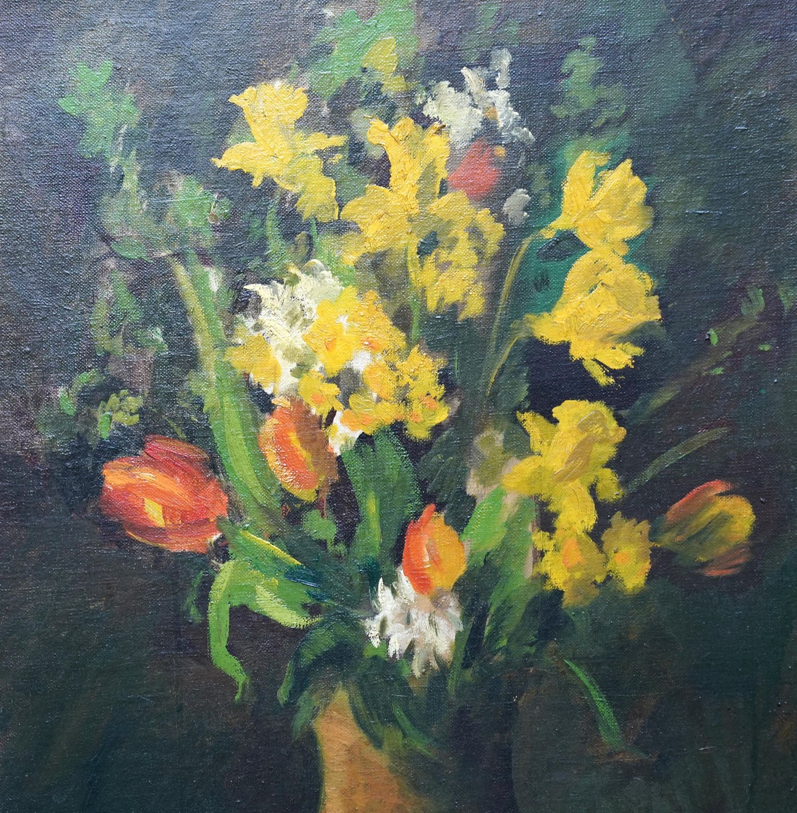 Spring Flowers In Vase   British Forties Exh. Art Floral Still Life Oil Painting photo for sale