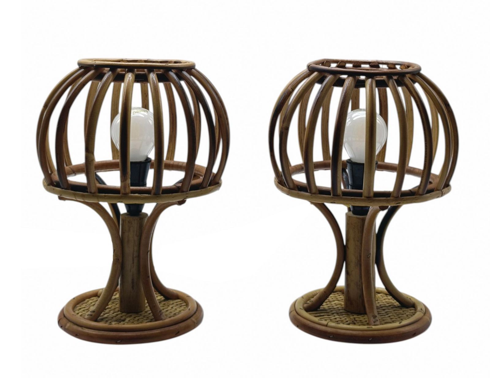 Louis Sognot Style Pair Of Rattan And Bambu' Table Lamps, Italy 1960s photo furniture