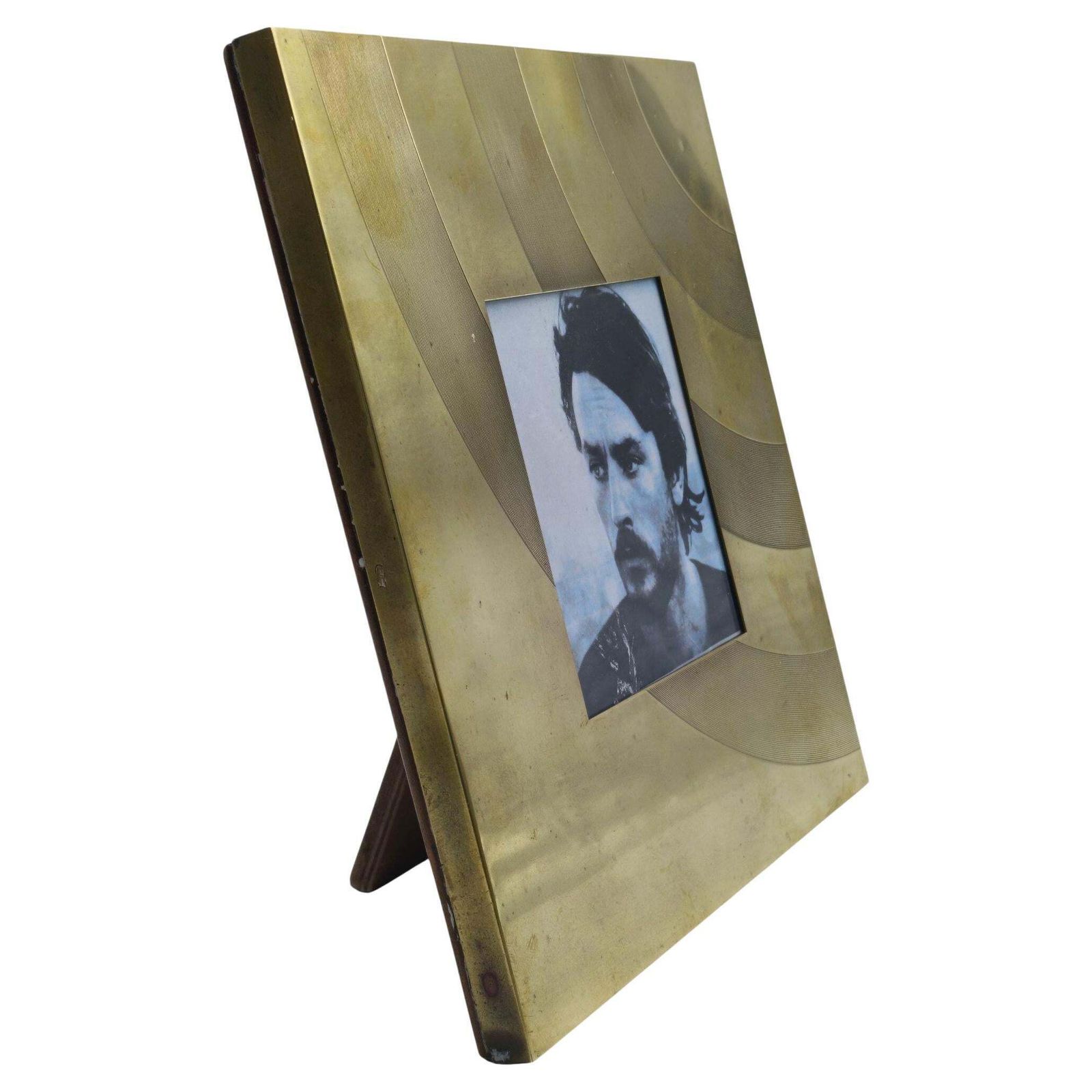 Brass Square Photo Frame With Geometric Engravings, Italy 1970s