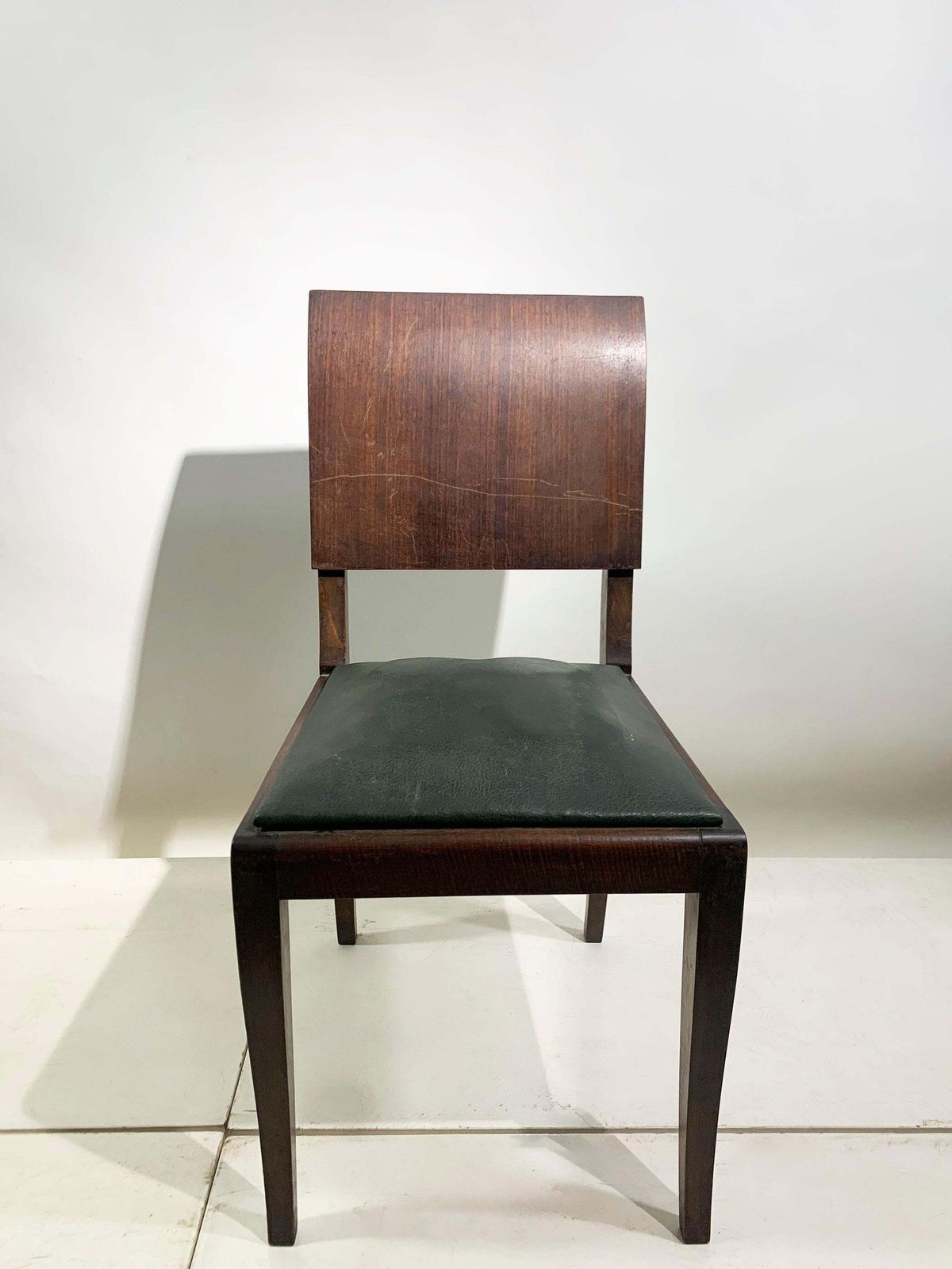 Set Of 4 Art Deco Wooden Dining Chairs With Dark Green Leather Seats, 1930's photo for sale