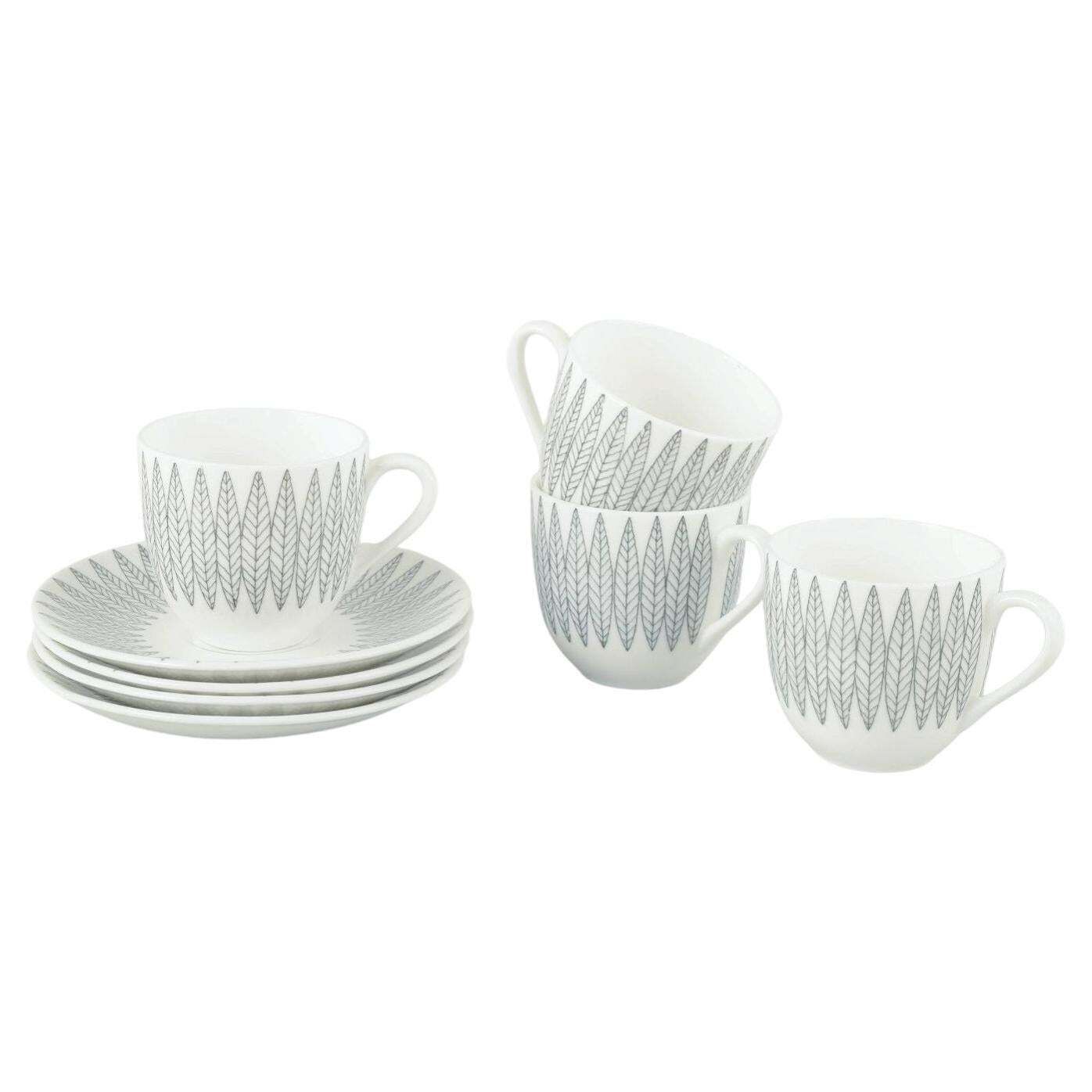 Stig Lindberg, Gustavsberg. Vier Faience Kopjes met Schotel. Grijs 'Salix' Patroon