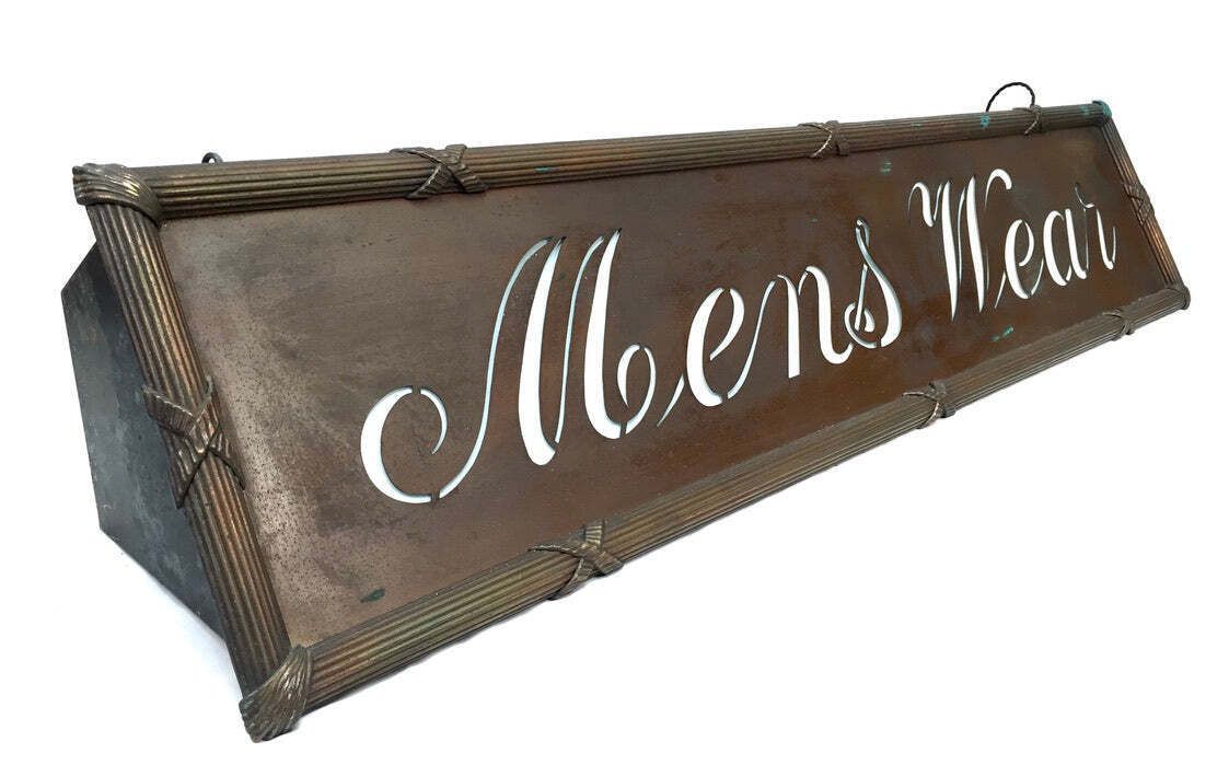 Antique Advertising   Art Deco Copper Lightbox Mens Wear Haberdashery Shop Sign