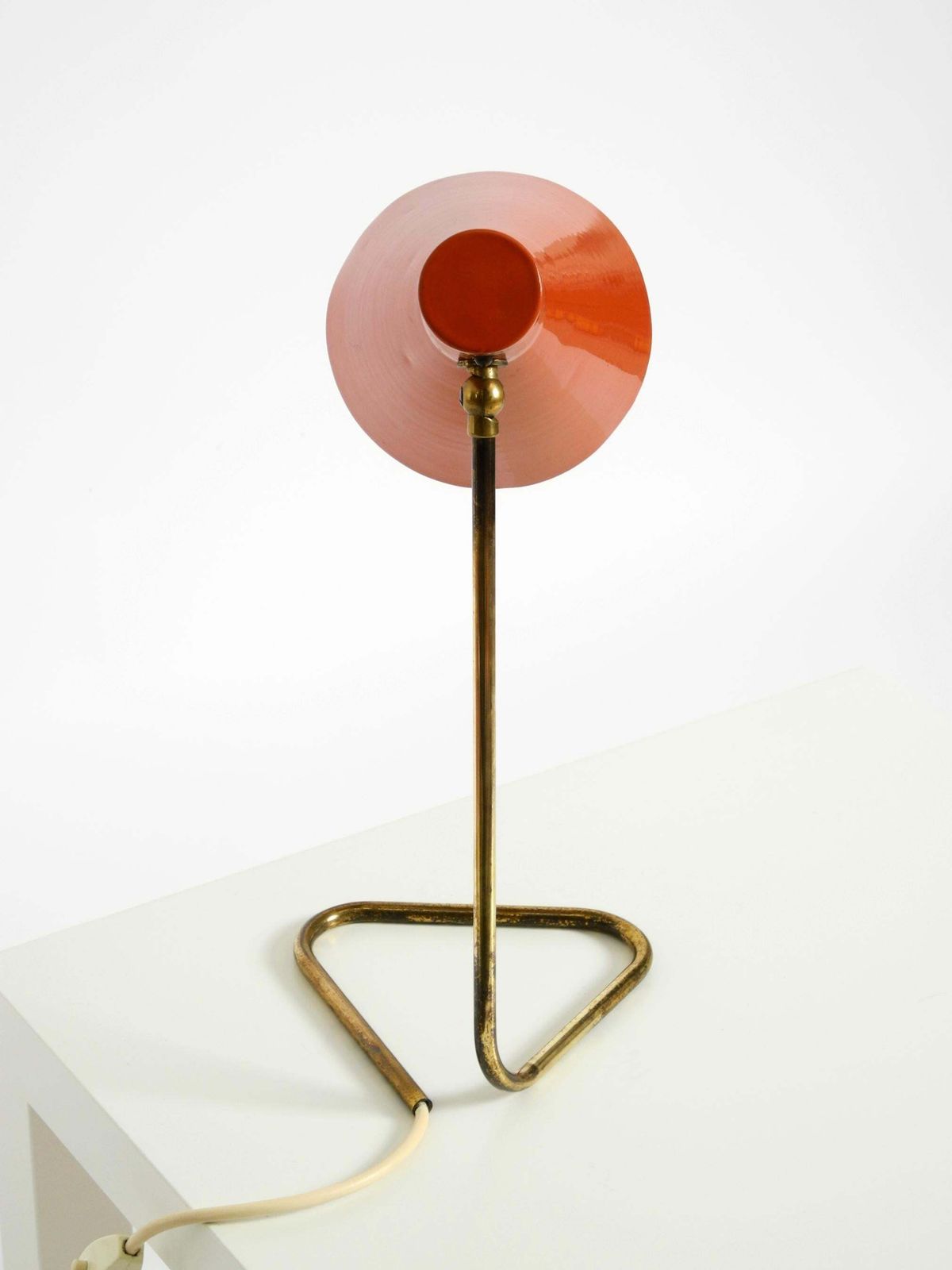 Beautiful, Large Mid Century Modern Brass Table Lamp With A Brick Red Shade photo vintage