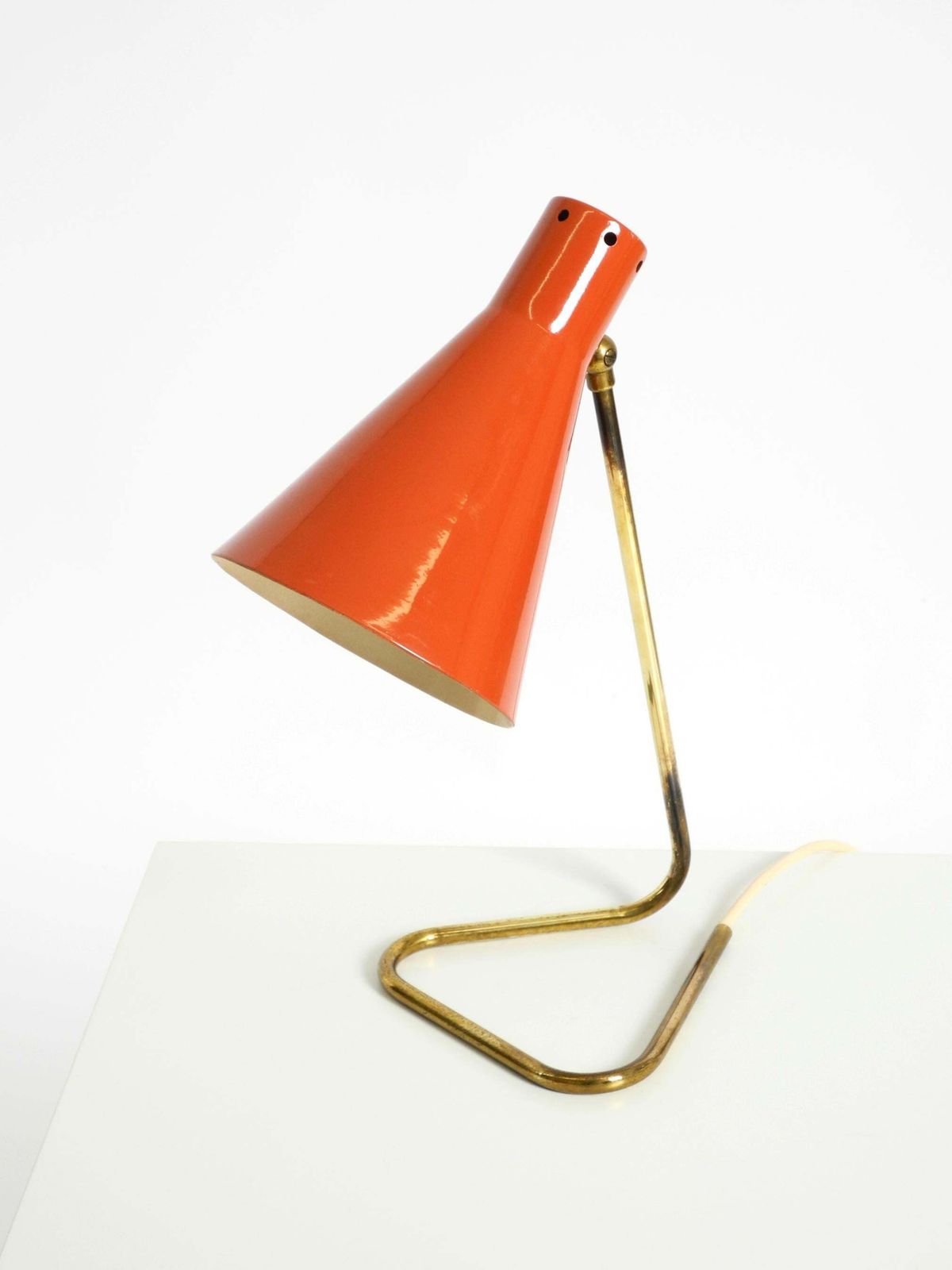 Lighting Beautiful, Large Mid Century Modern Brass Table Lamp With A Brick Red Shade photo