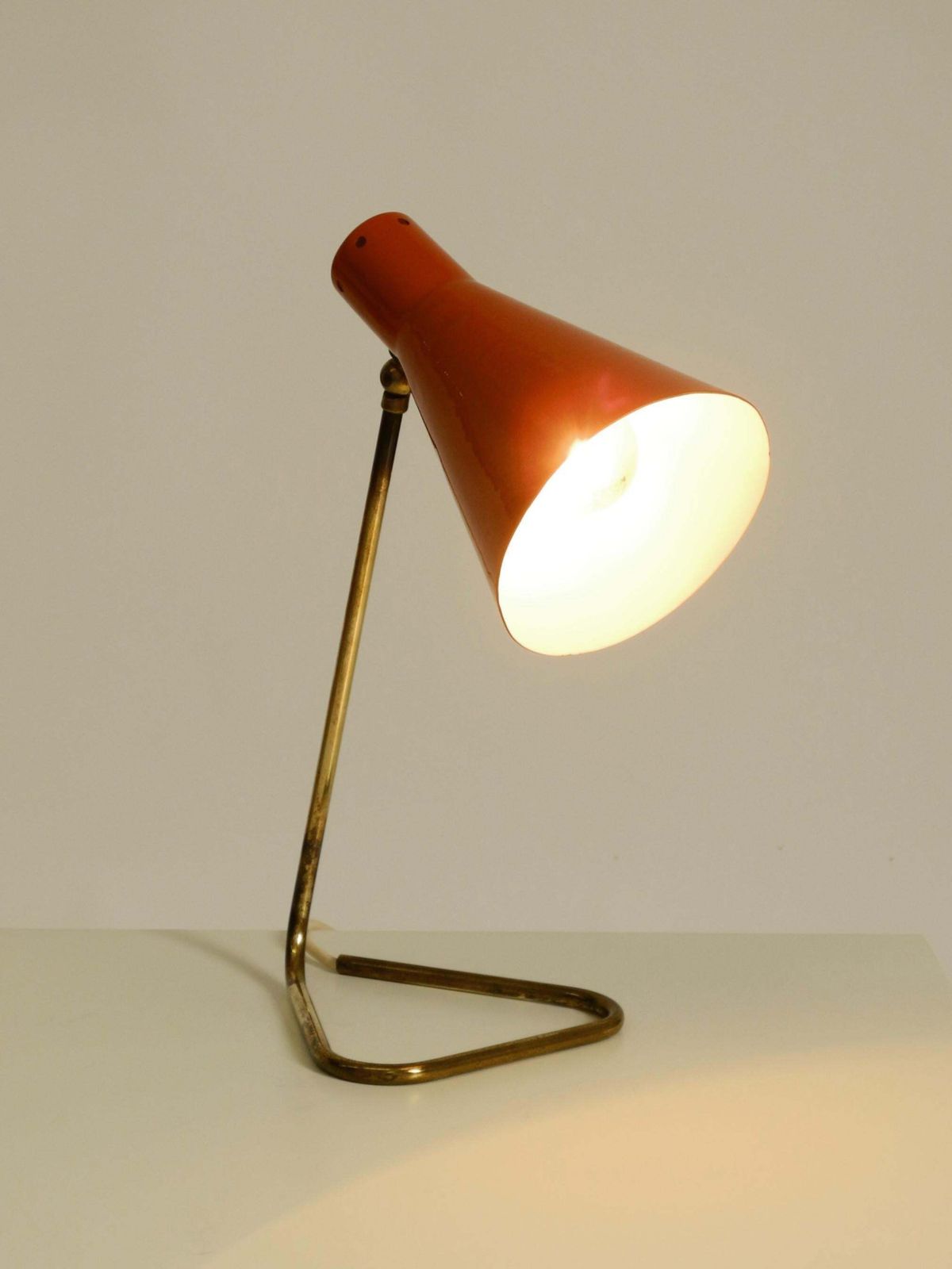 photo buy Beautiful, Large Mid Century Modern Brass Table Lamp With A Brick Red Shade