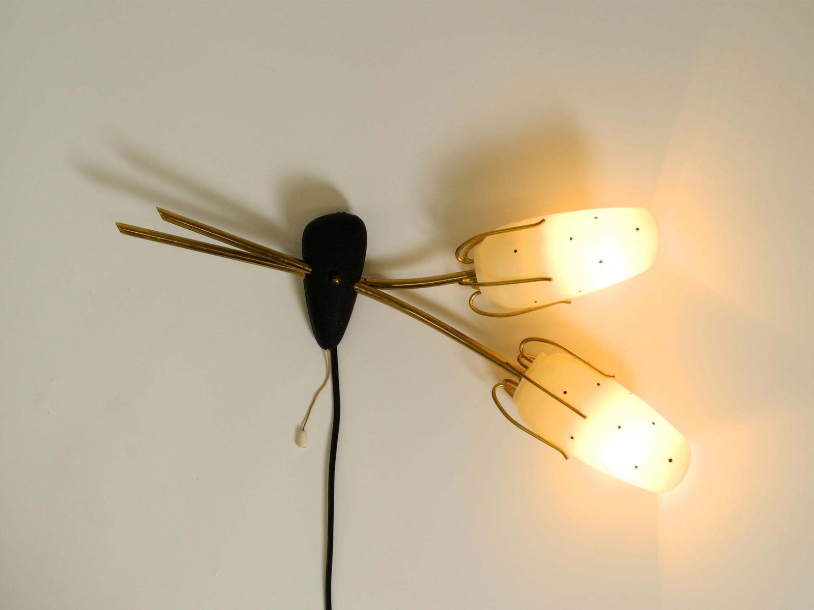 Zeldzame Mid-Century messing wandlamp met beschilderde glazen kappen photo Verlichting