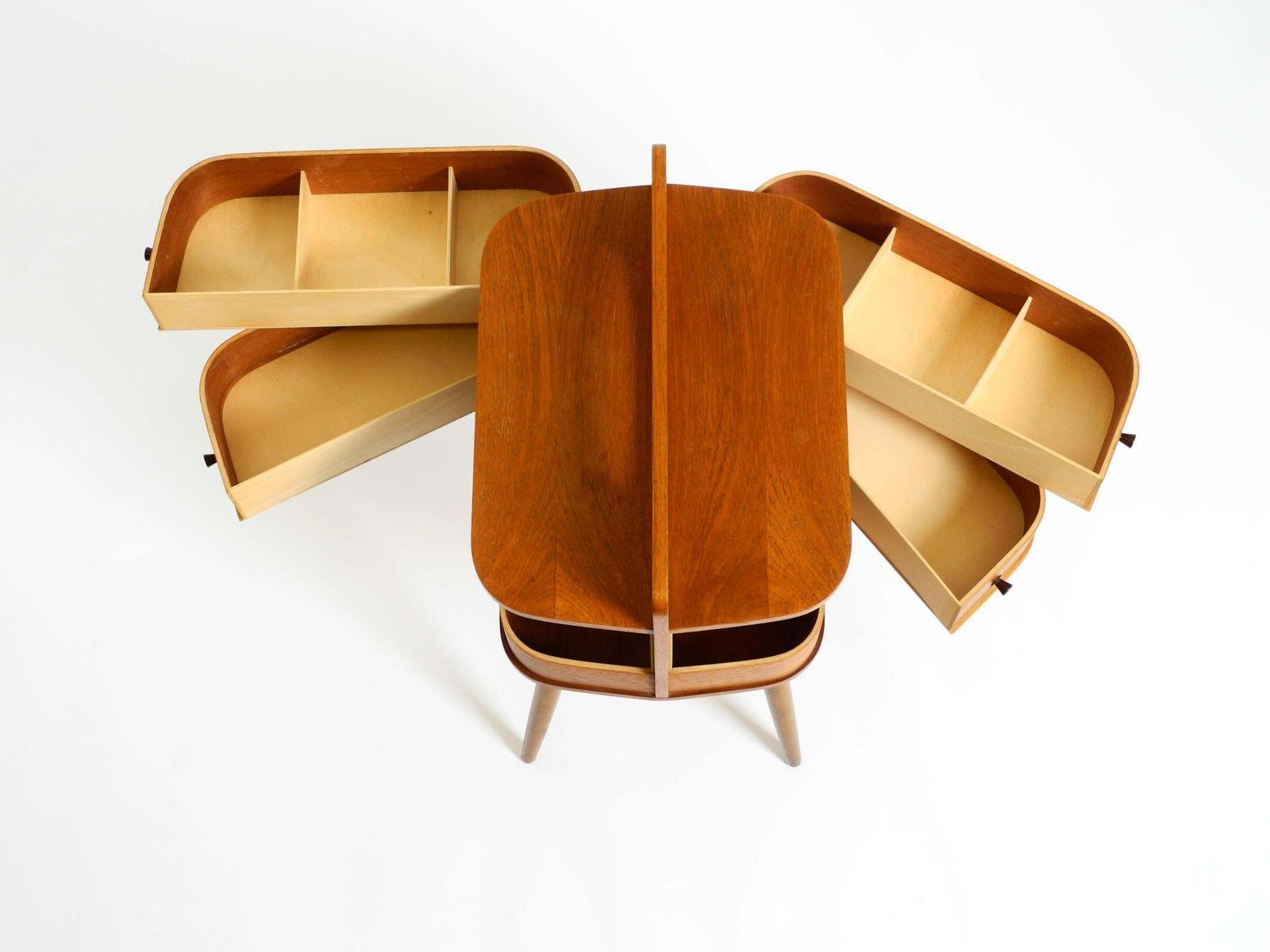 photo buy Beautiful Original Mid Century Teak Sewing Box With Hinged Compartments