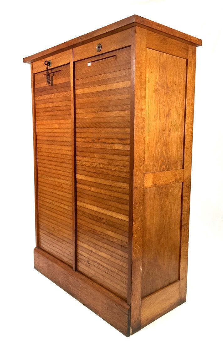 Antique 1950s Wood Oak Double Tambour Fronted Office Paper Filing Cabinet & Key photo furniture