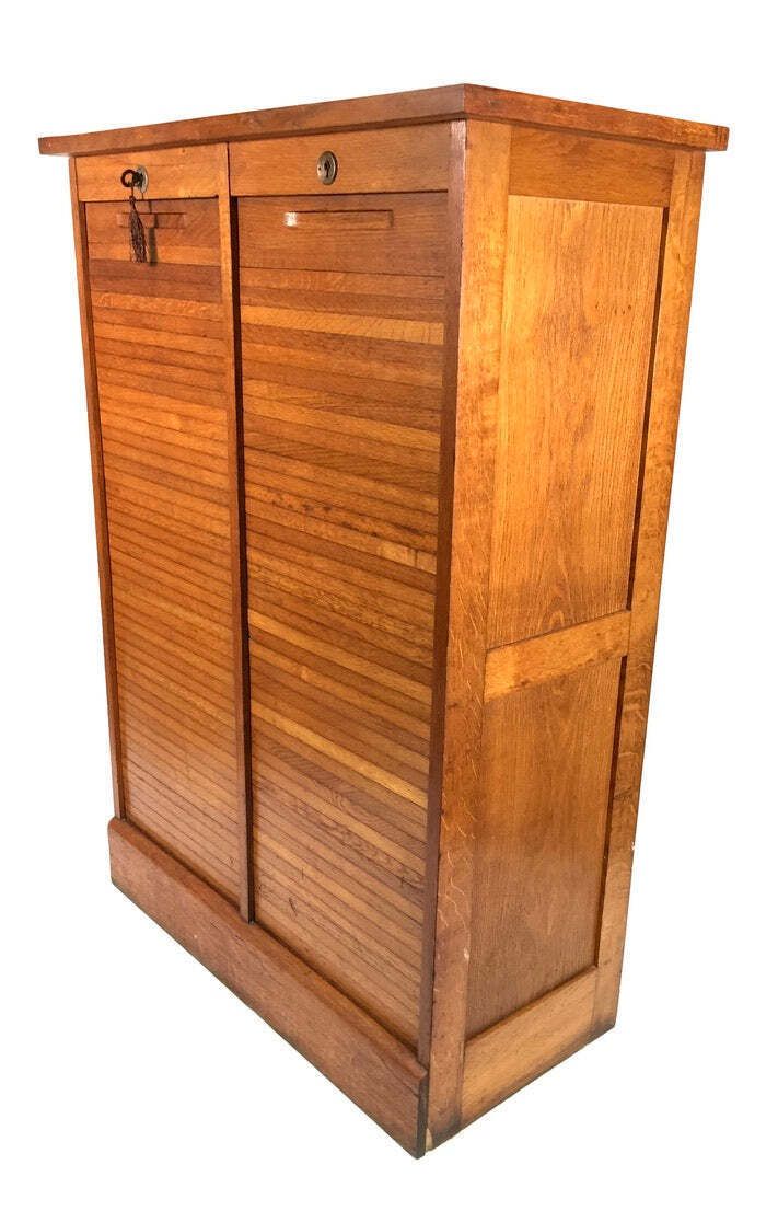 Antique 1950s Wood Oak Double Tambour Fronted Office Paper Filing Cabinet & Key photo Furniture