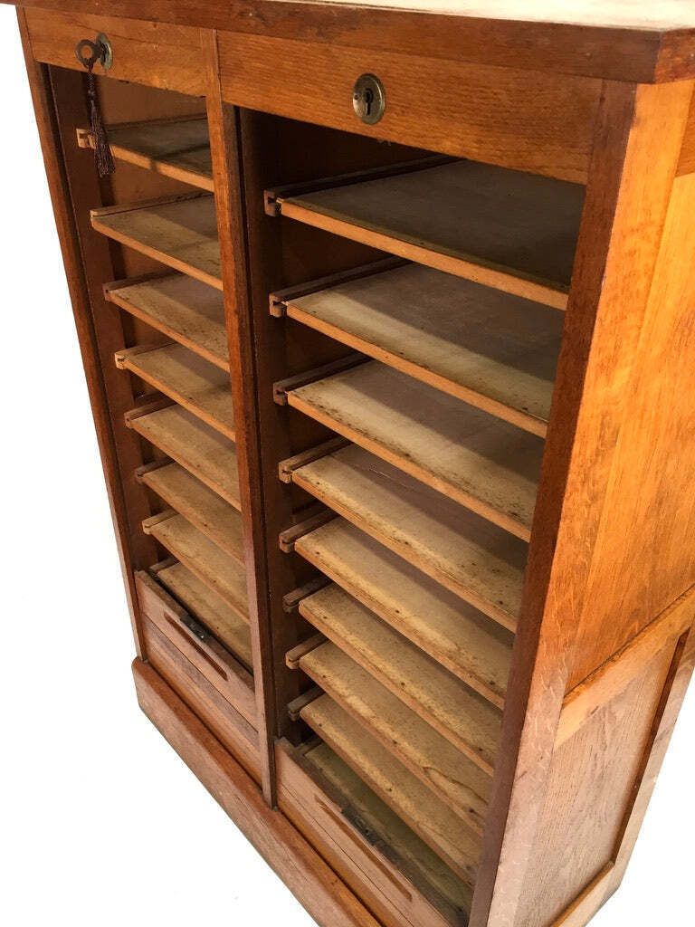 Antique 1950s Wood Oak Double Tambour Fronted Office Paper Filing Cabinet & Key photo buy