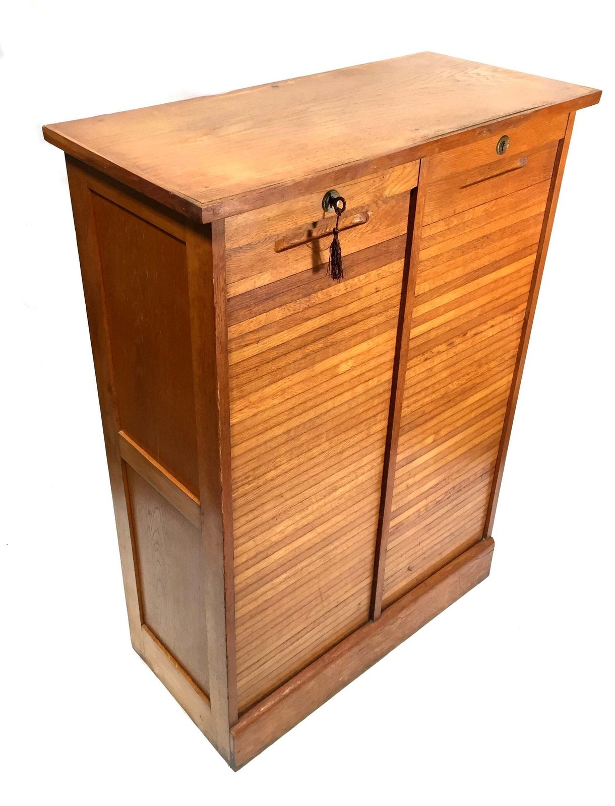 Furniture Antique 1950s Wood Oak Double Tambour Fronted Office Paper Filing Cabinet & Key photo