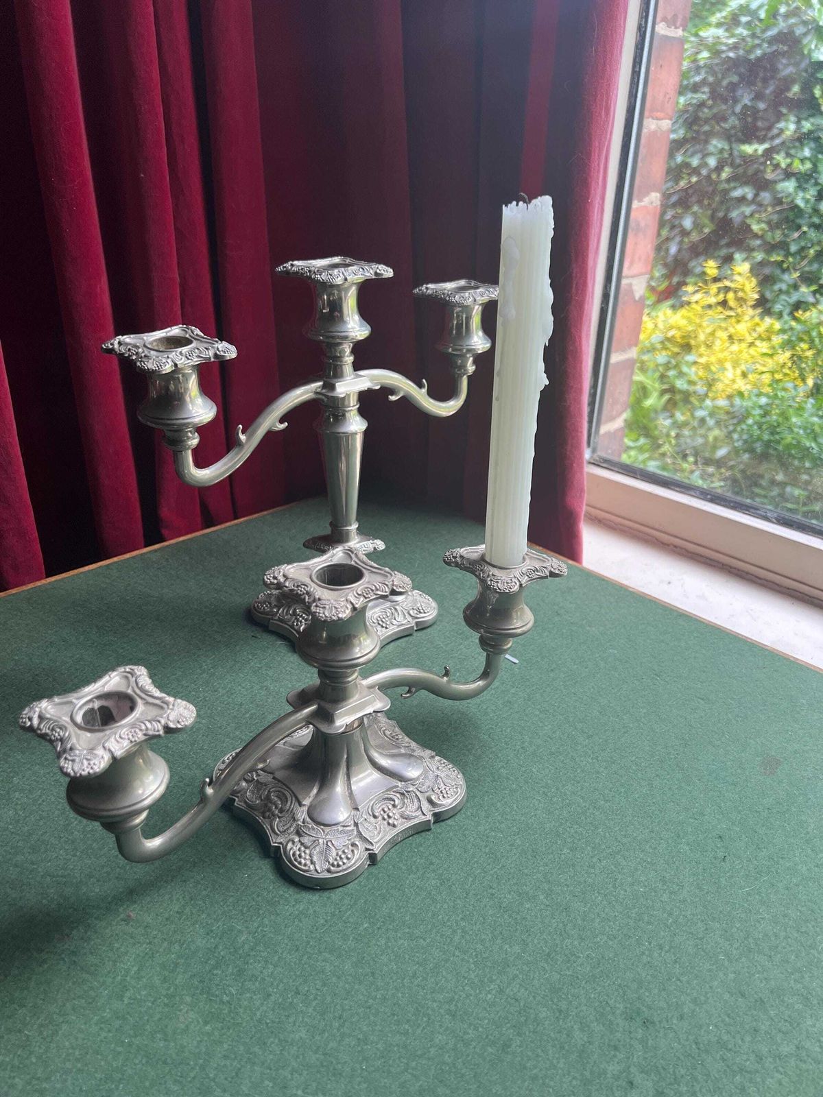 Pair Of Vintage Antique Candlestick Holders. Grape And Vine Pattern Silver Plated 3 Arm Candle Holders. Mismatched Heights. photo furniture