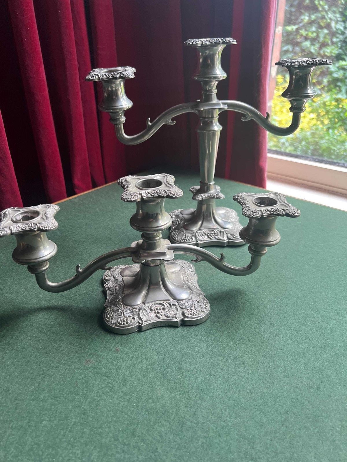 Pair Of Vintage Antique Candlestick Holders. Grape And Vine Pattern Silver Plated 3 Arm Candle Holders. Mismatched Heights. photo 79.0