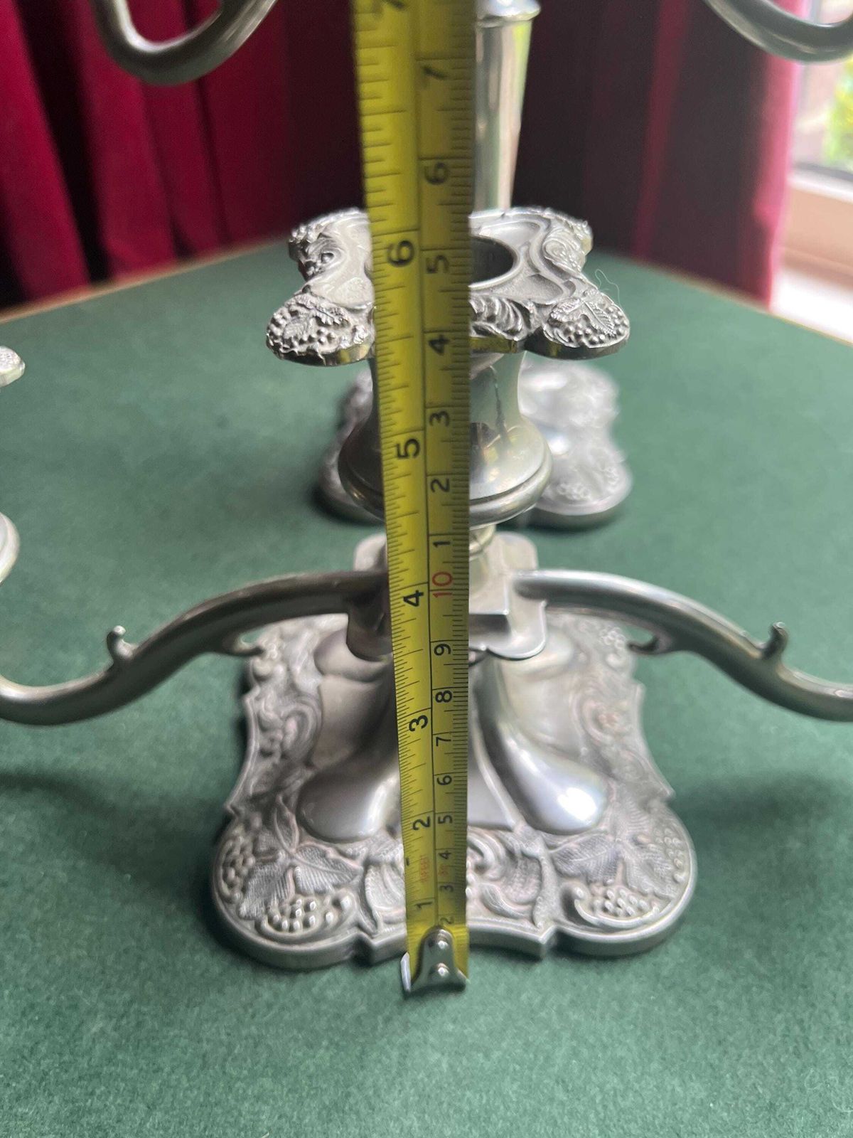 Pair Of Vintage Antique Candlestick Holders. Grape And Vine Pattern Silver Plated 3 Arm Candle Holders. Mismatched Heights. photo buy