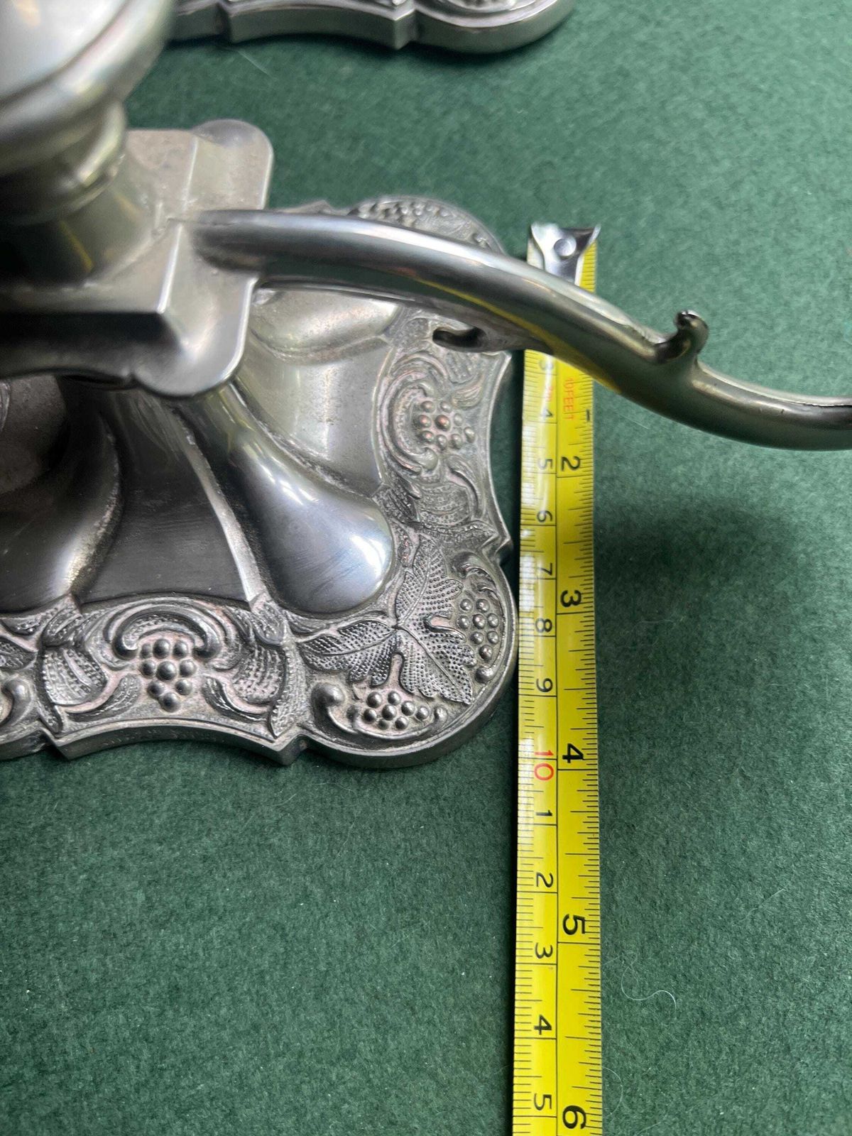 photo for sale Pair Of Vintage Antique Candlestick Holders. Grape And Vine Pattern Silver Plated 3 Arm Candle Holders. Mismatched Heights.