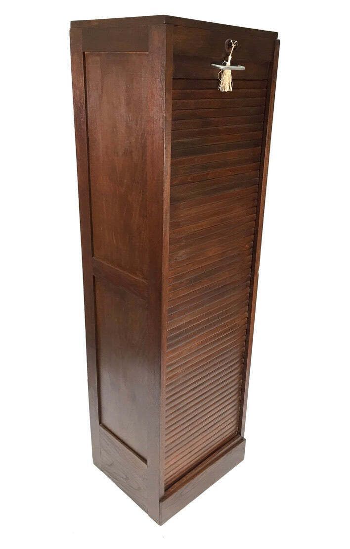 Antique 1950s Wooden Oak Tambour Fronted Office Paper Filing Cabinet With Key photo vintage