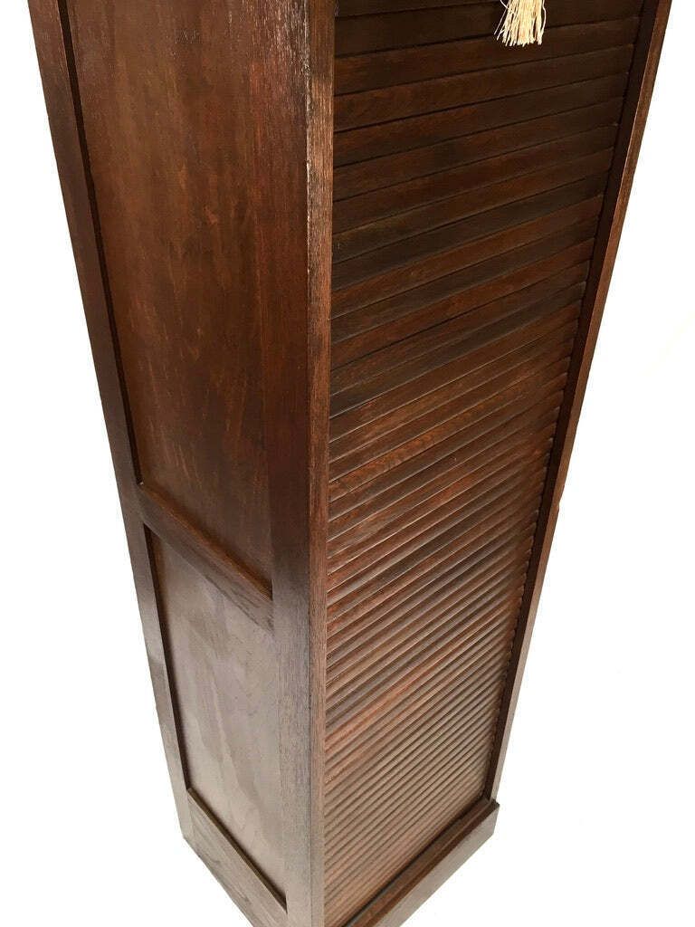 Furniture Antique 1950s Wooden Oak Tambour Fronted Office Paper Filing Cabinet With Key photo