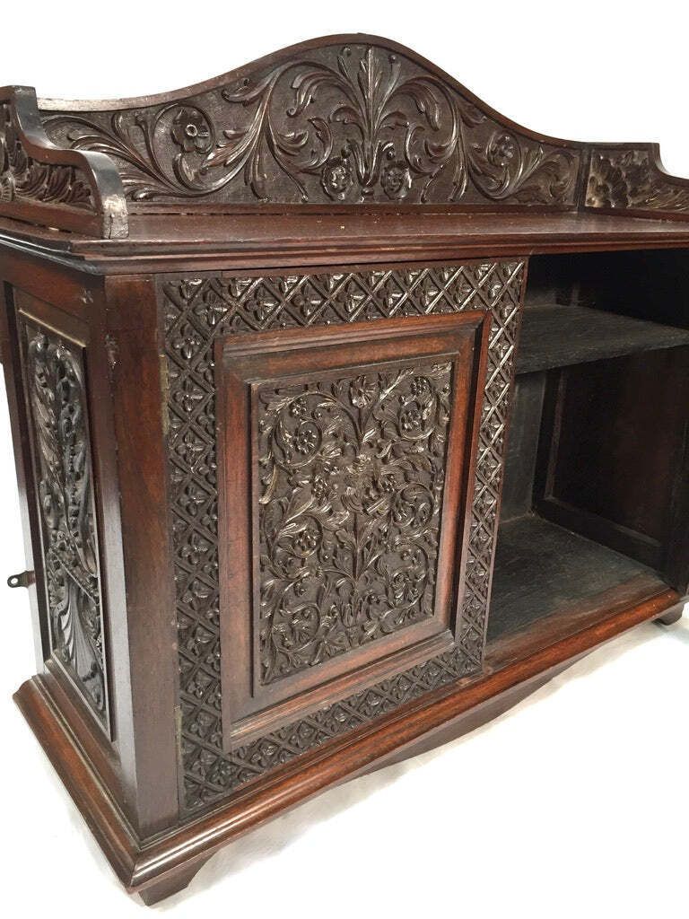 Antique Wooden Ornate Hand Carved Cabinet / Cupboard With Key 19th Century photo vintage