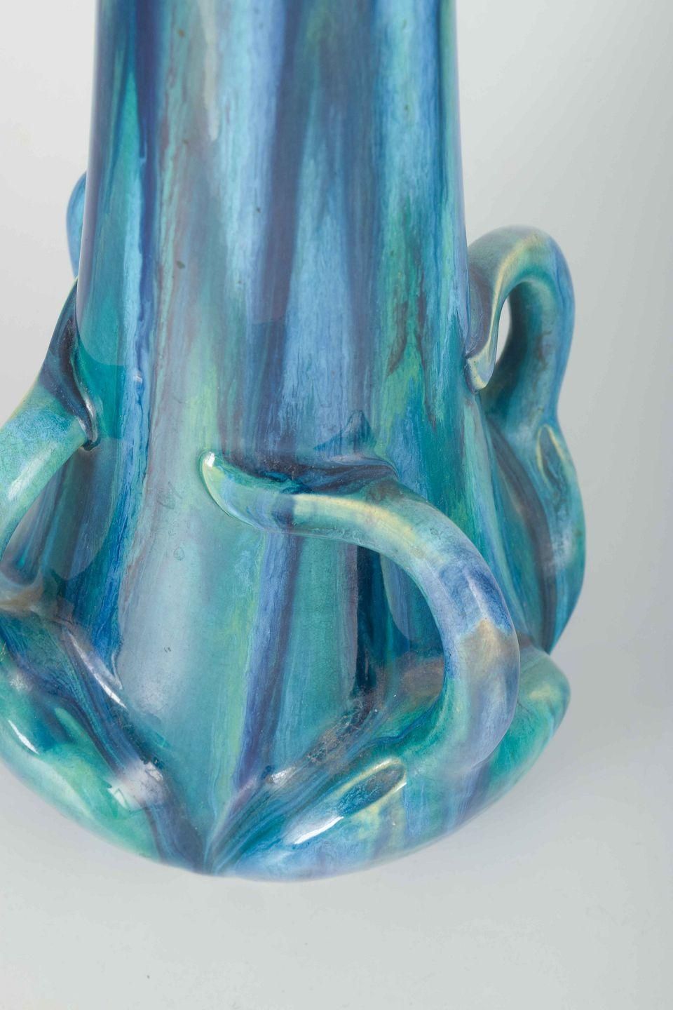 Art Nouveau Steengoed Vaas Met Sculpturale Details En Blauw En Groen Glazuur. photo for sale