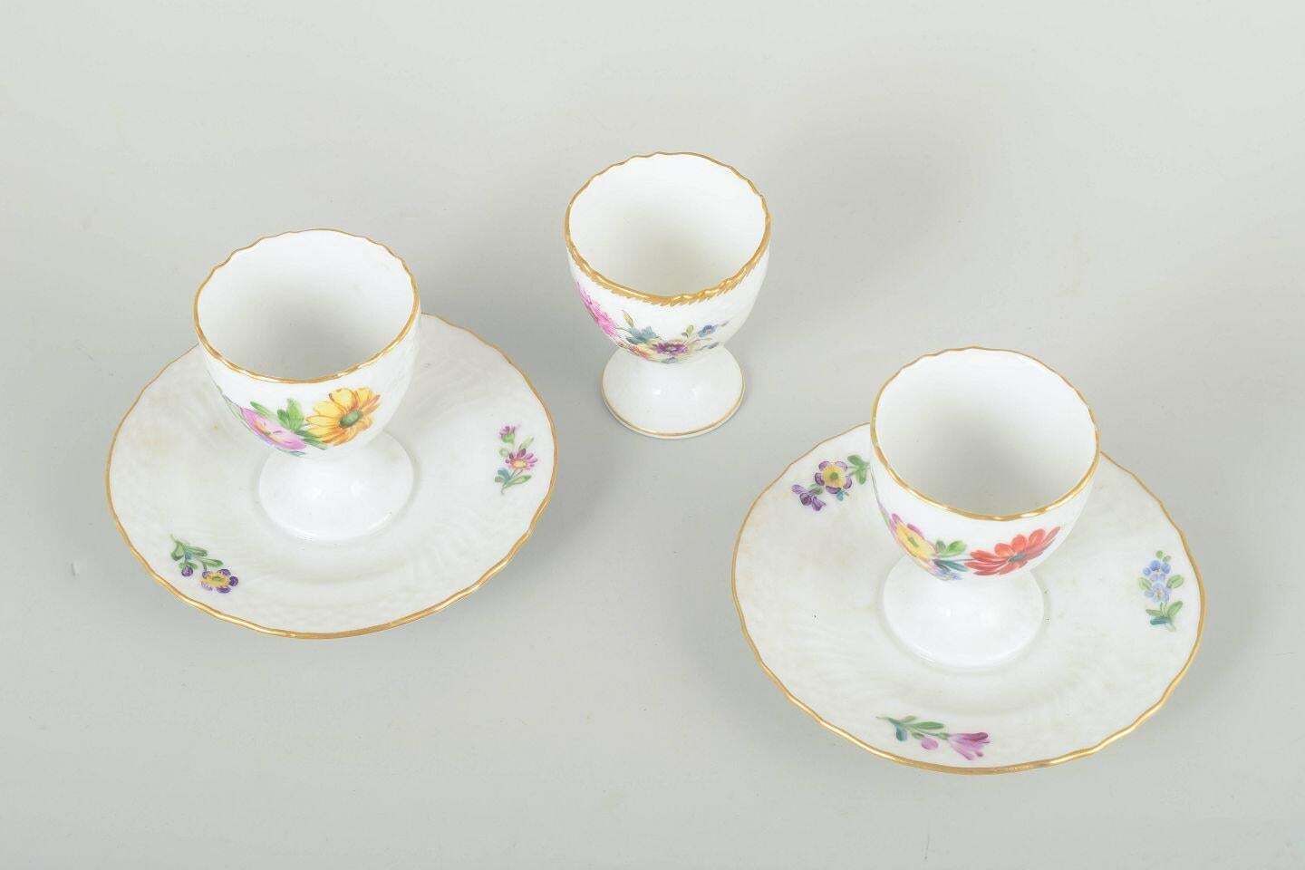 Royal Copenhagen Saxon Flower. Three Porcelain Egg Cups, Two With Fixed Saucers. photo 178.0