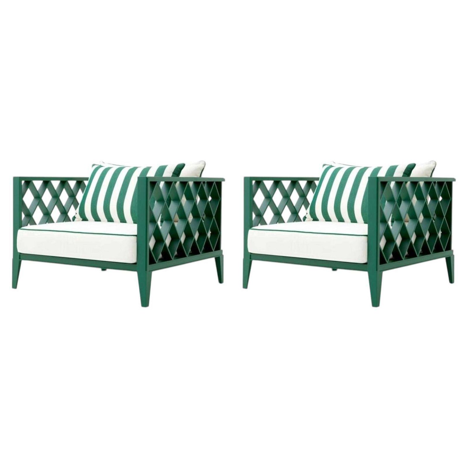 Pair Of Contemporary Outdoor Armchair Green Aluminum With Acrylic Cushions