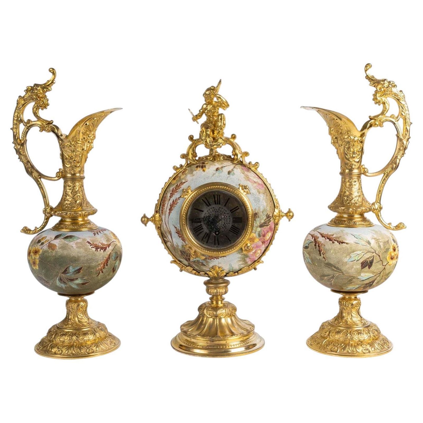 19th Century Fireplace Set In Porcelain And Gilded Pewter, Napoleon III Period.