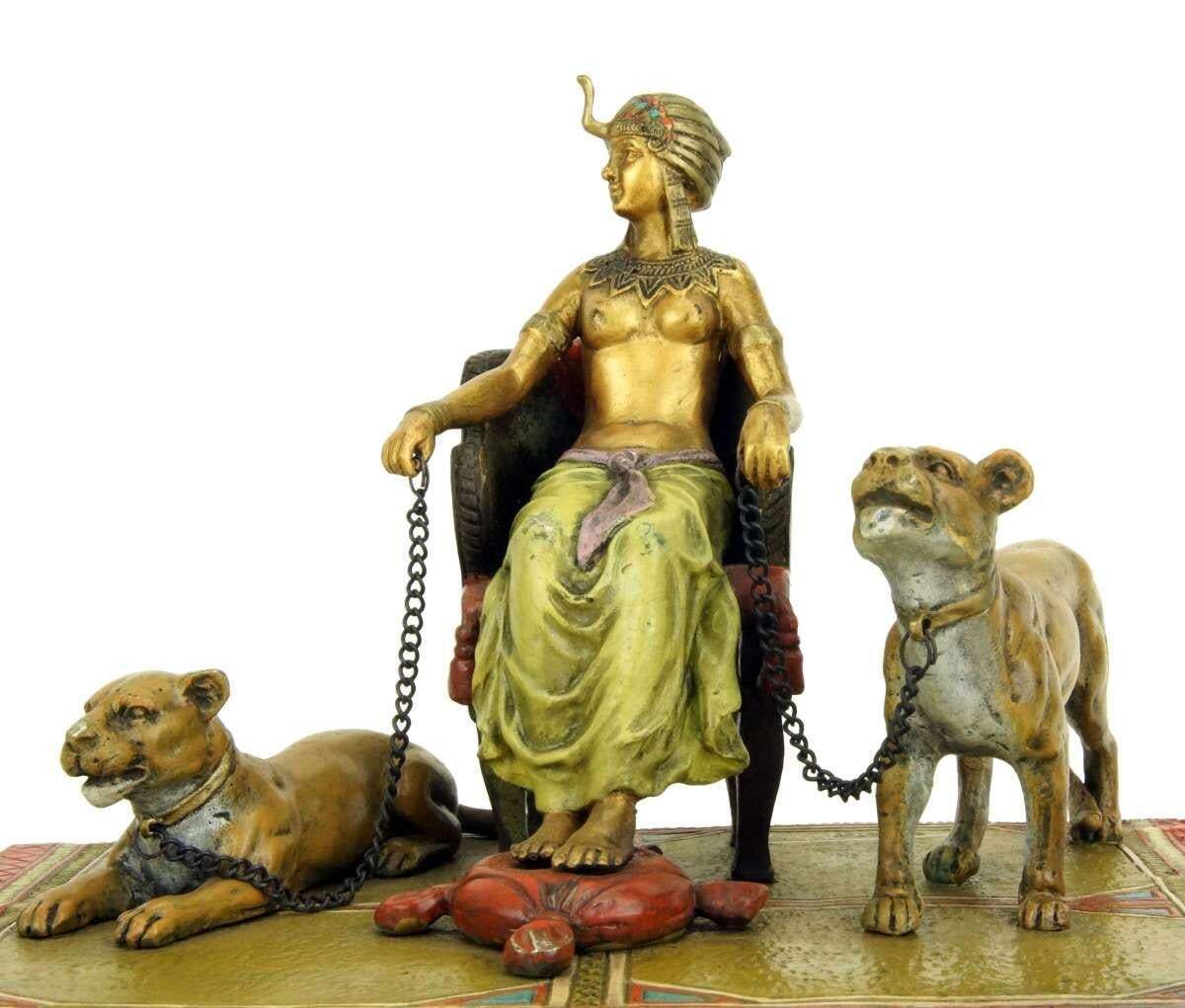 Orientalist Polychrome Bronze Pharaoh Sculpture With Lionesses photo furniture