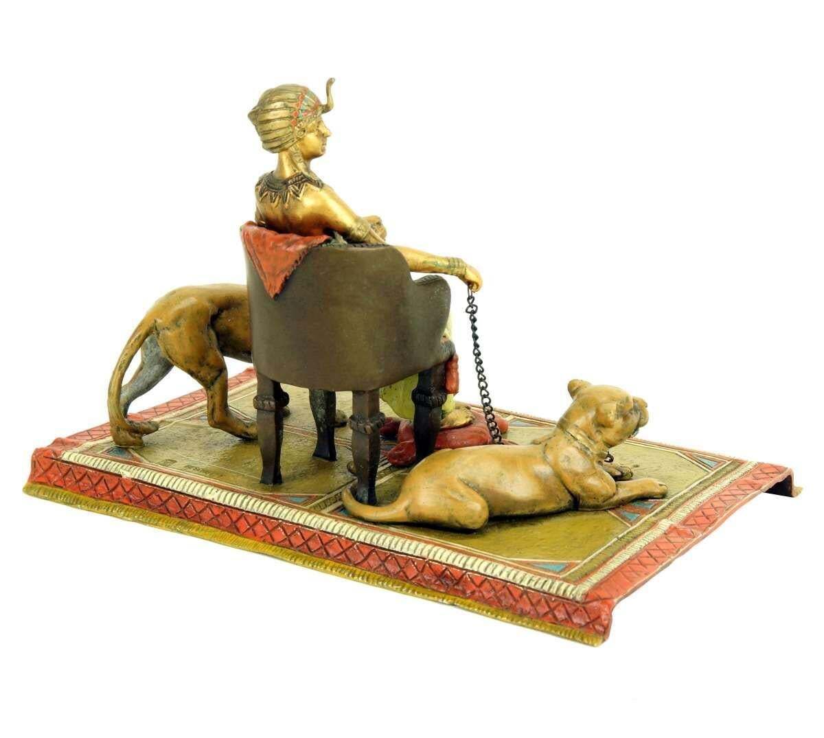 Orientalist Polychrome Bronze Pharaoh Sculpture With Lionesses photo buy