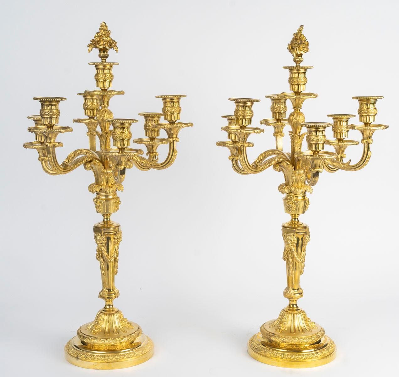 Pair Of 7 Branch Candelabra In Gilded Bronze, 19th Century, Napoleon III Period. photo 4585.0