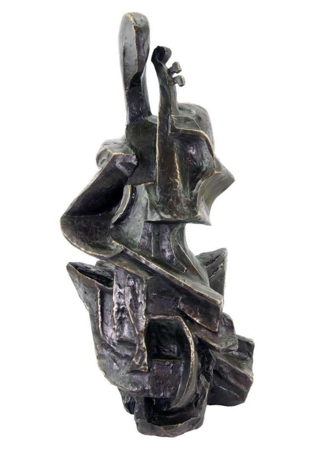 Modern Cubist Dark Bronze Cello Player Sculpture photo furniture
