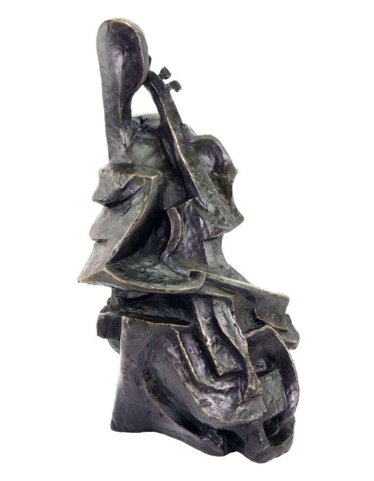Modern Cubist Dark Bronze Cello Player Sculpture photo Art