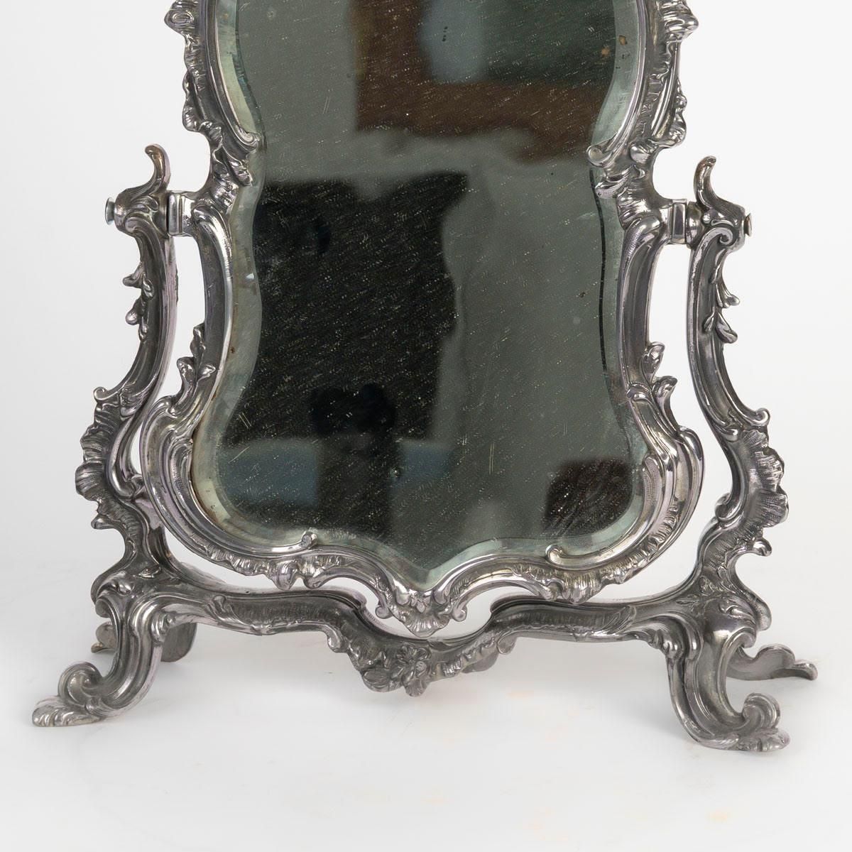 Rocaille Style Silver Plated Metal Table Mirror, Napoleon III Period. photo for sale