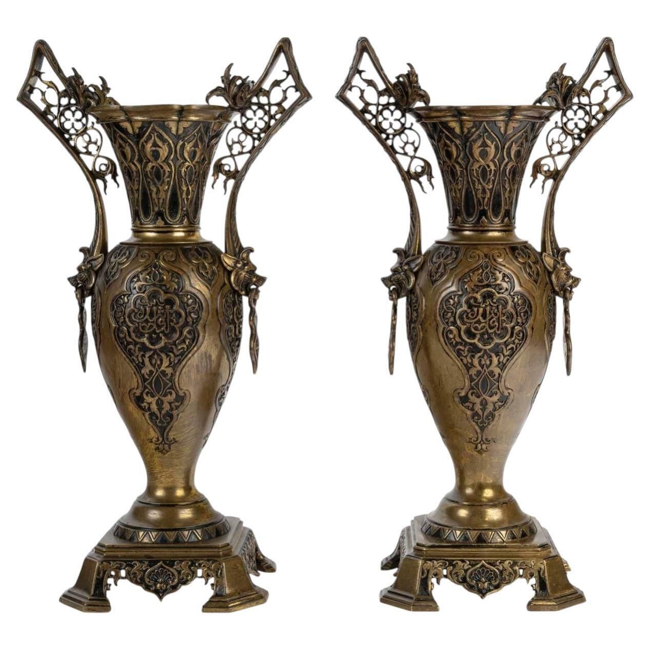 Pair Of 19th Century Napoleon III Era Bronze Vases In The Orientalist Style.